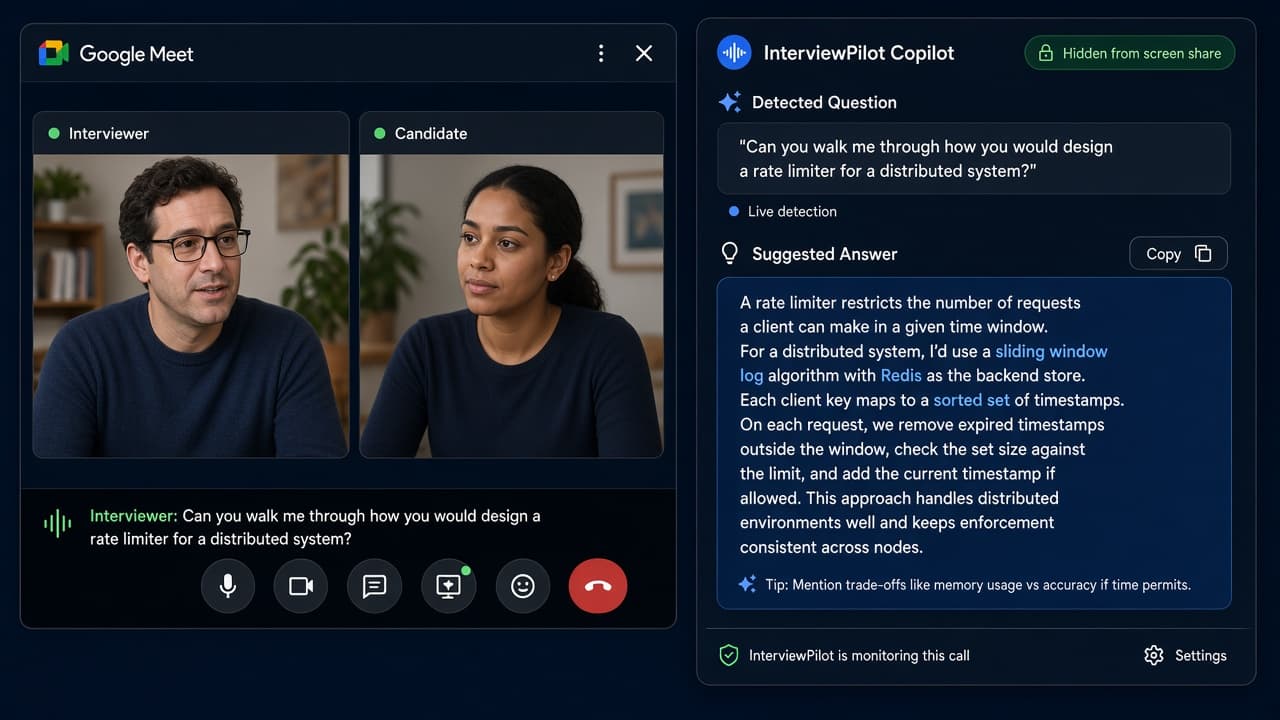 Parakram AI showing a live Google Meet call with a private copilot overlay displaying real-time interview answers